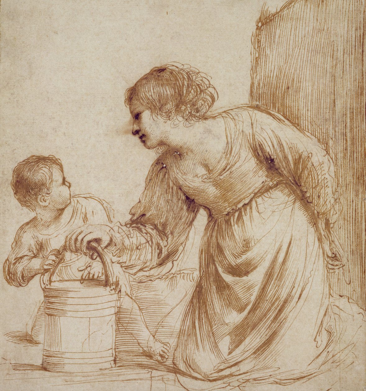 Mor og barn med spand af Giovanni Francesco Barbieri