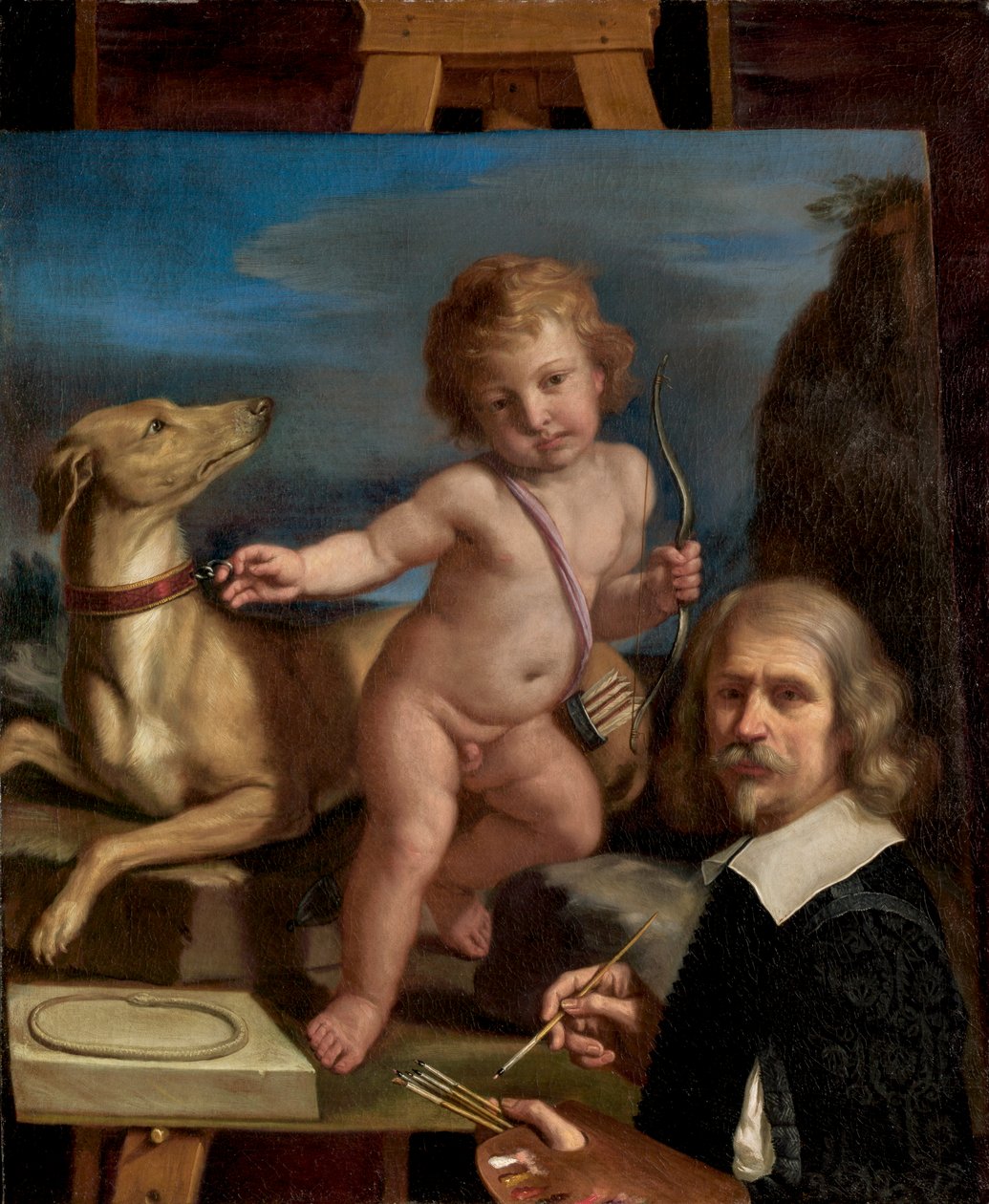 Selvportræt før et rustningsmaleri Fedele, 1655 af Giovanni Francesco Barbieri