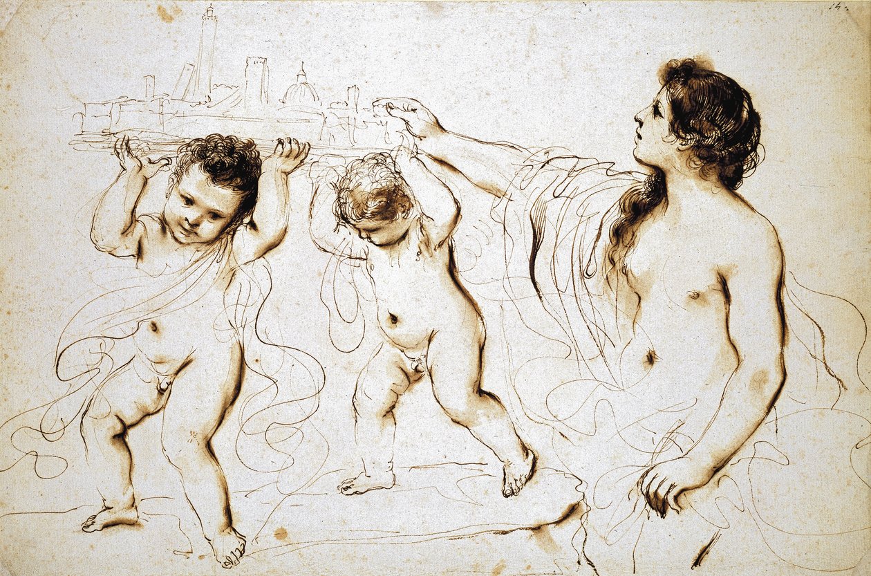 The Emblem of the City of Bologna, 1625 - 1629 (pen og brunt blæk med brun vask på hvidt papir) af Giovanni Francesco Barbieri