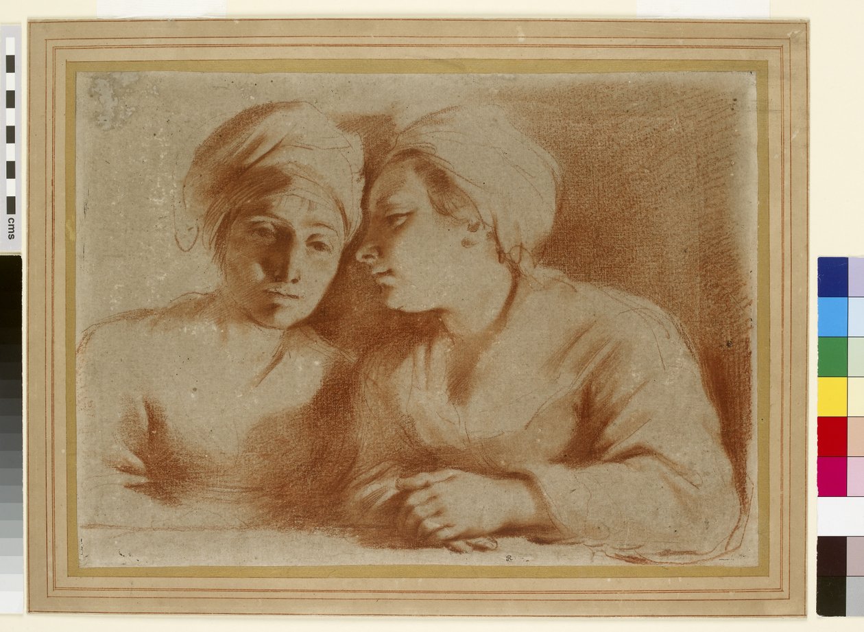 To kvinder i samtale, 1600-tallet (rødt kridt på papir) af Giovanni Francesco Barbieri