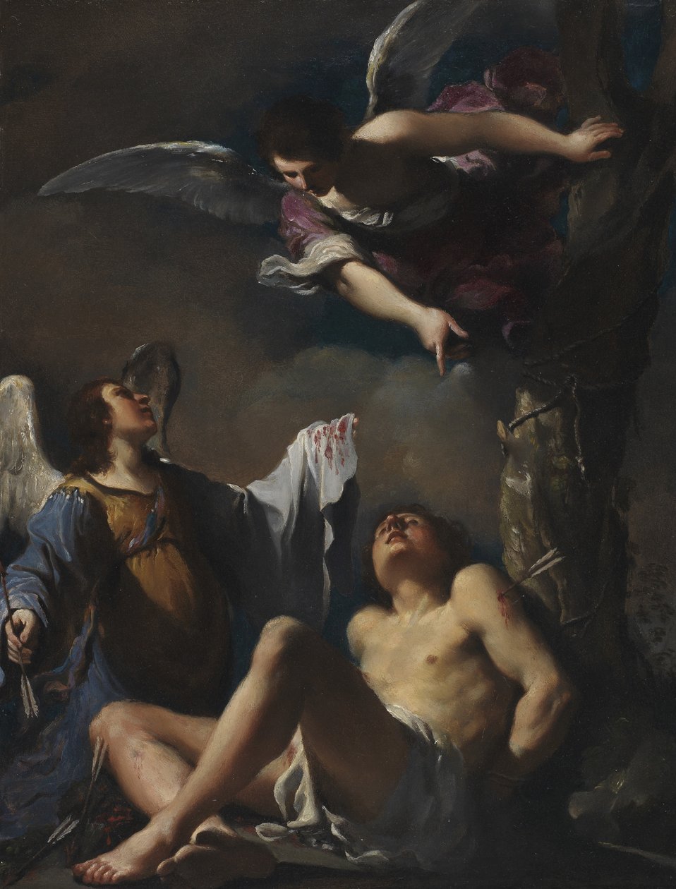 St. Sebastian støttet af to engle af Guercino
