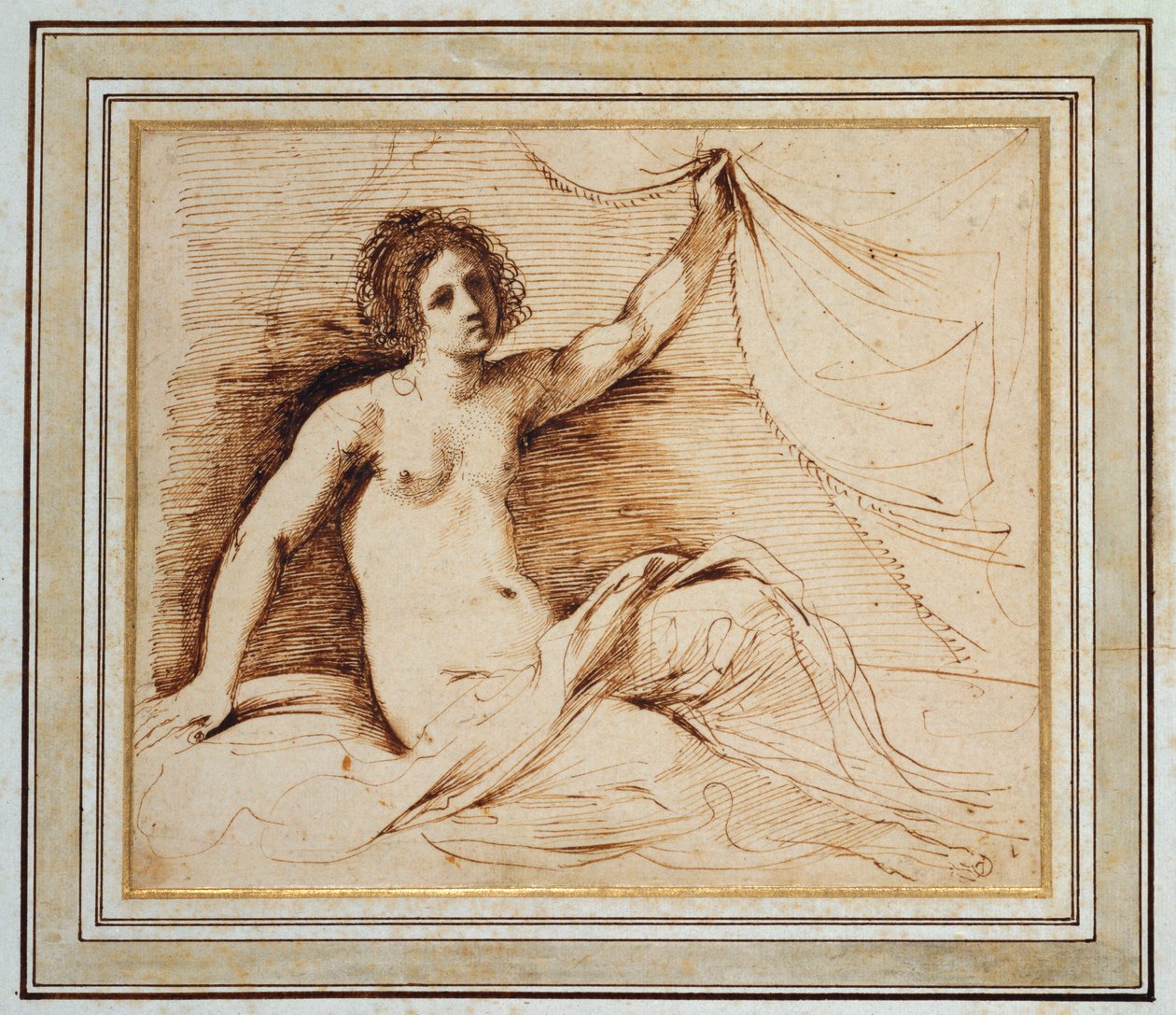 En tilbagelænet nøgen kvinde løfter et gardin af Guercino