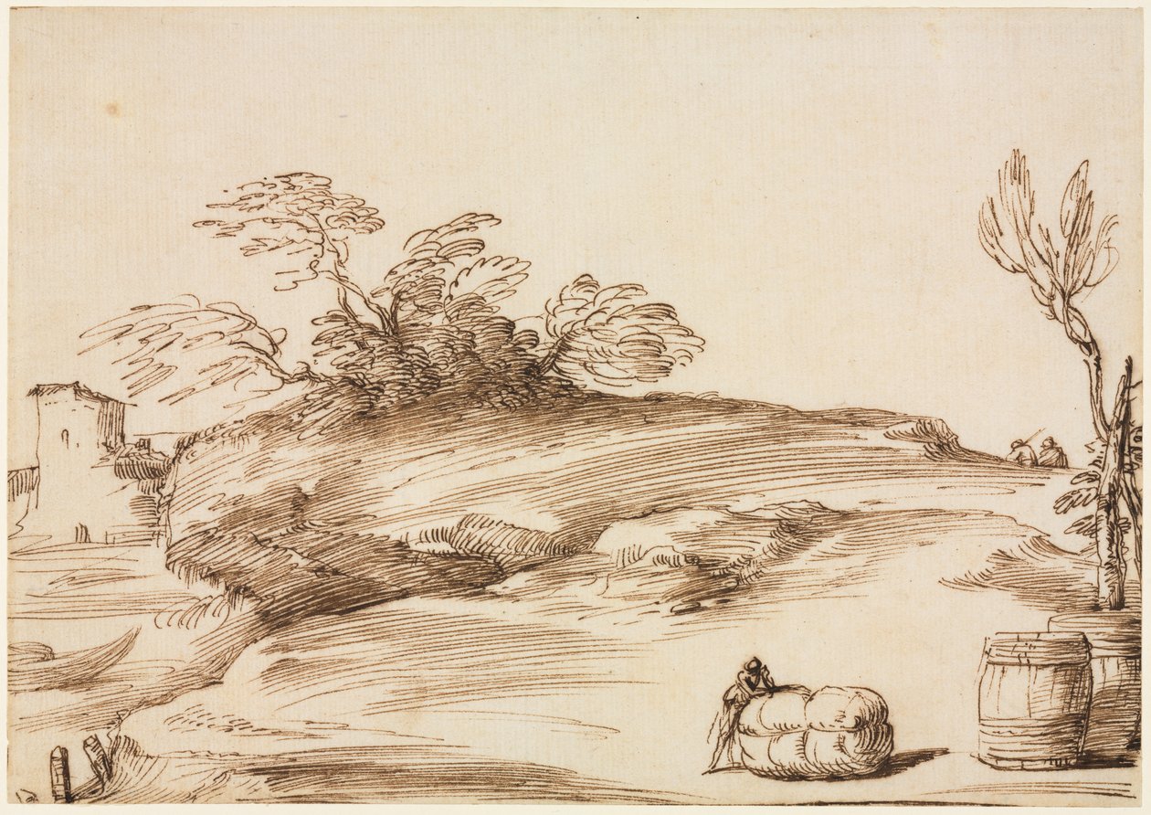 Landskab med en mand lænet op på en balle af Guercino
