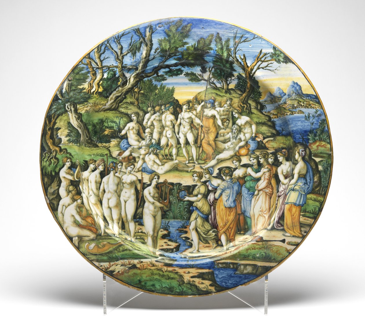 Konkurrencen mellem muserne og pieriderne, ca. 1545-50 (tinglaseret lertøj) af Guido Durantino