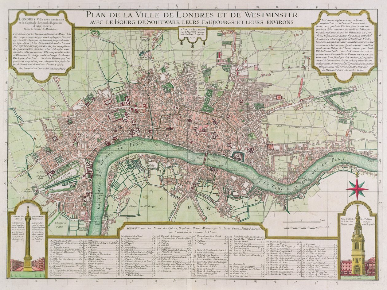 Plan over byerne i London og Westminster, 1727 (håndfarvet gravering) af Guillaume Danet