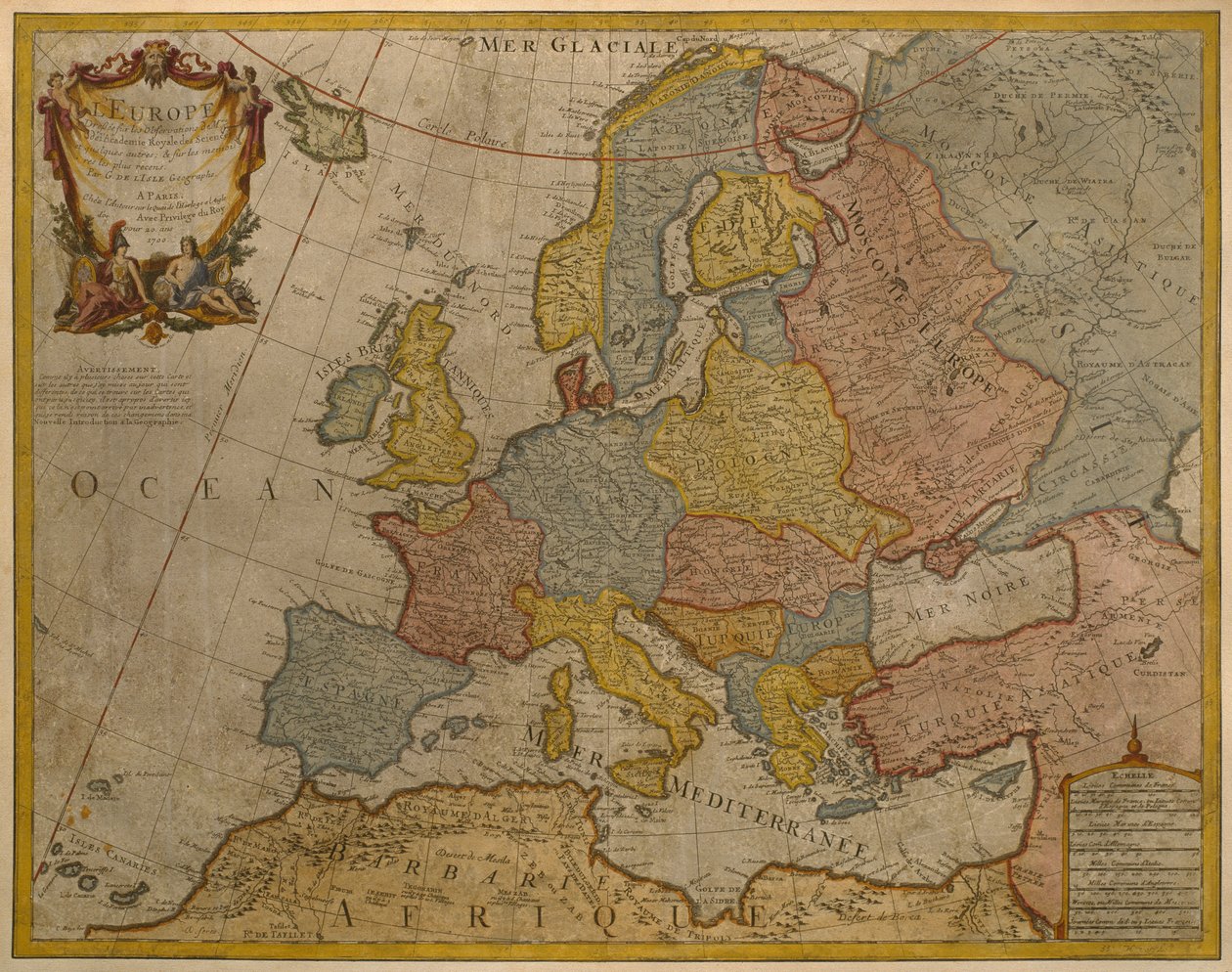 Kort over Europa, udgivet i 1700, Paris (farvegravering) af Guillaume Delisle