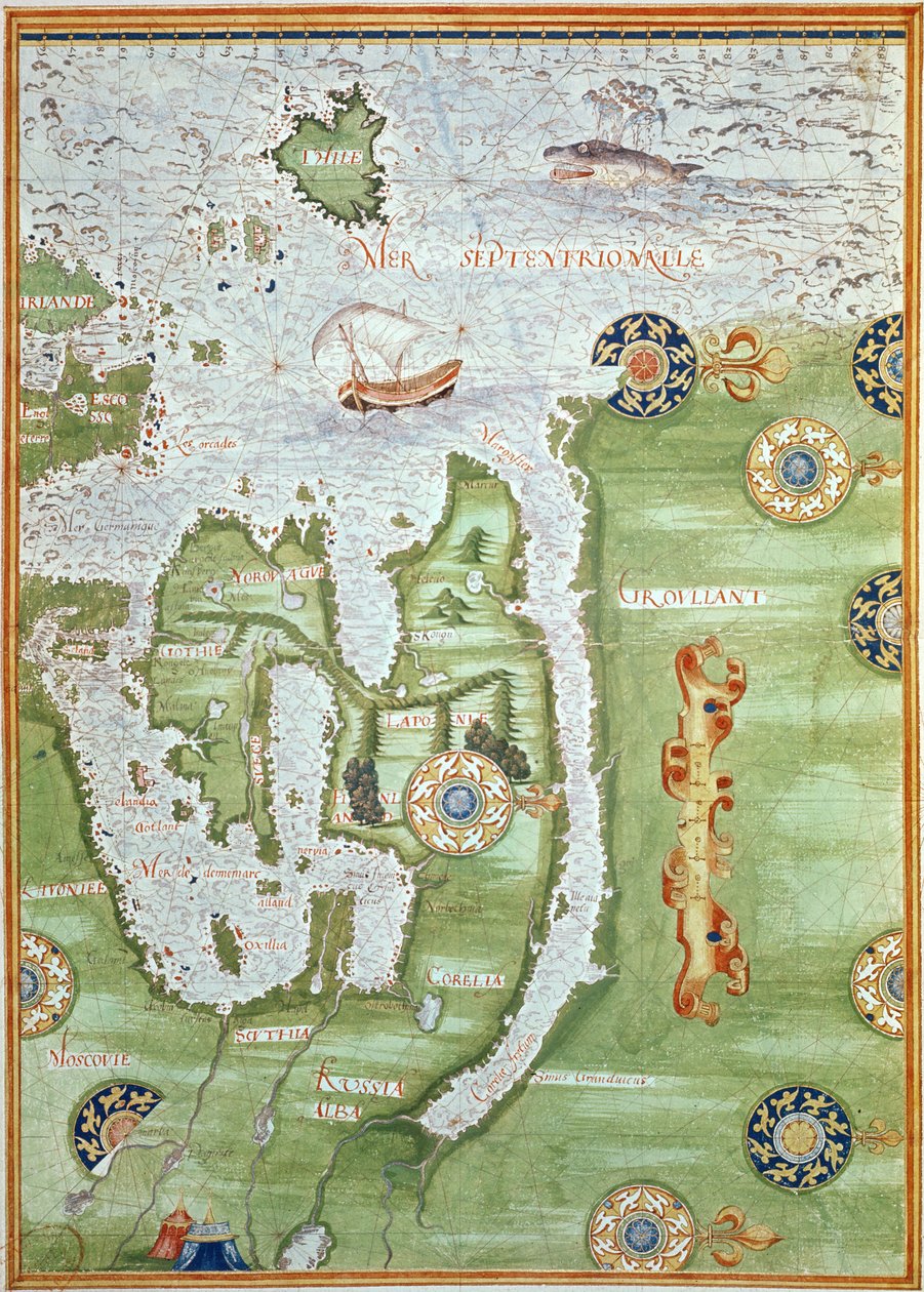 Fol.10v Kort over Skandinavien og Nordrusland, fra "Cosmographie Universelle", 1555 af Guillaume Le Testu