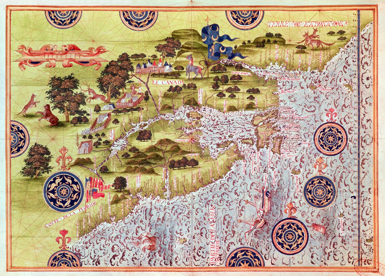 Fol.57v Kort over Canada og Florida, fra "Cosmographie Universelle", 1555 af Guillaume Le Testu
