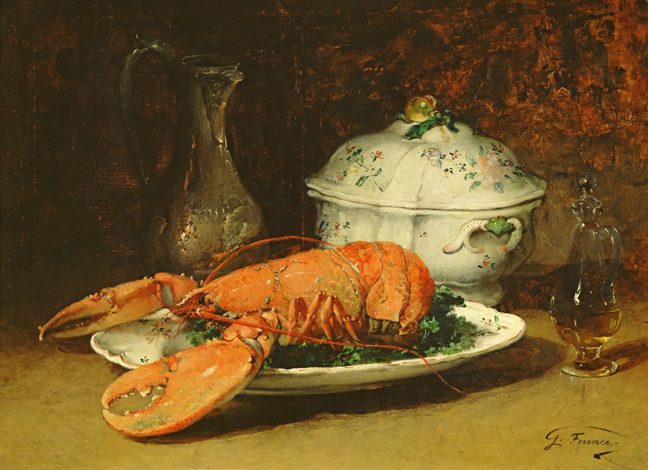 Stilleben med en hummer og en suppeterrin af Guillaume Romain Fouace