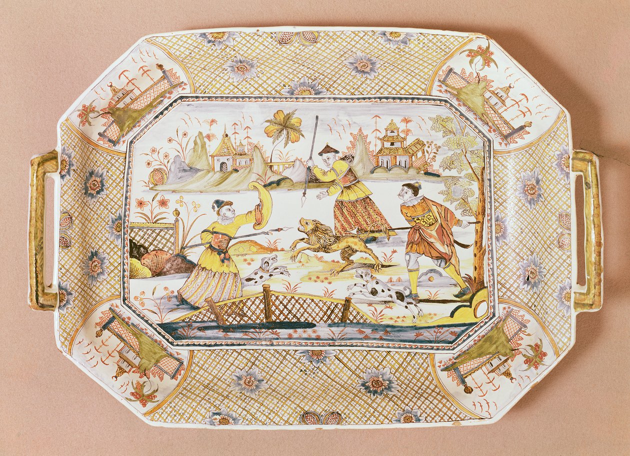Ottekantet fad med kinesisk mønster af en løvejagt, ca. 1730 (keramik) af Guillibaud