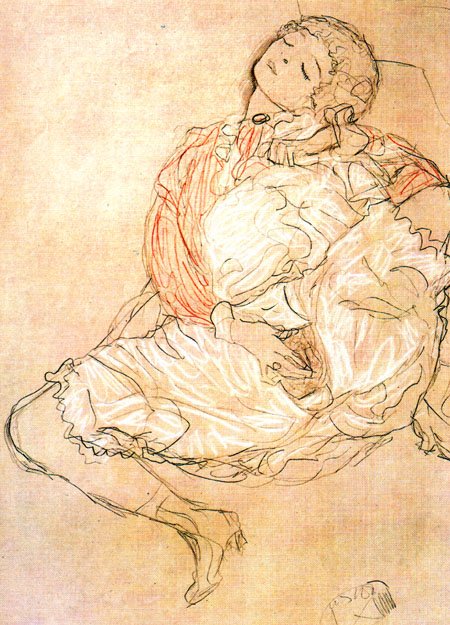 OnaniEngelsk: Kvinde sidder med åbne lårsnDeutsch: Frau bei der Selbstbefriedigungn af Gustav Klimt