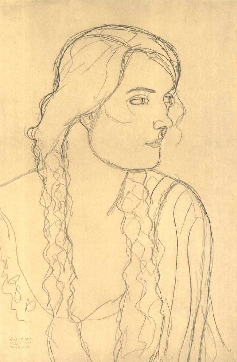 Halvlange portræt af en pige med grisehaler af Gustav Klimt