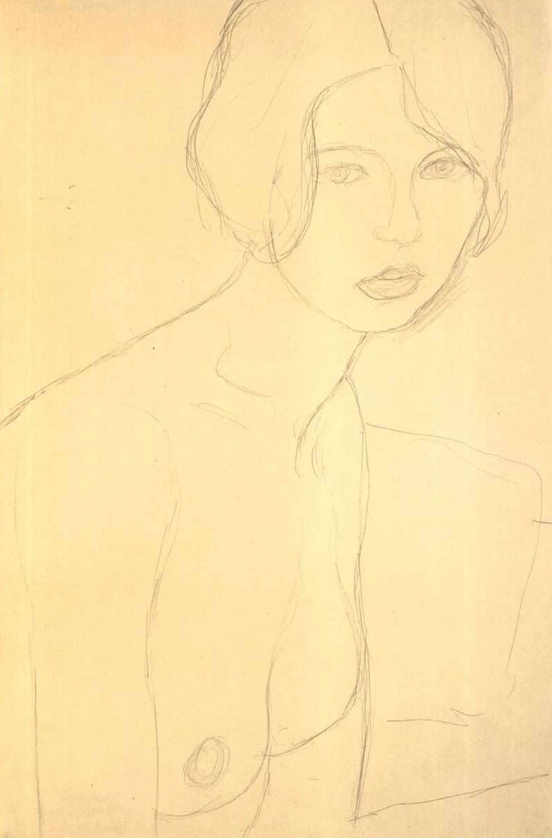 Halvlangt portræt af en nøgen pige mod højre af Gustav Klimt