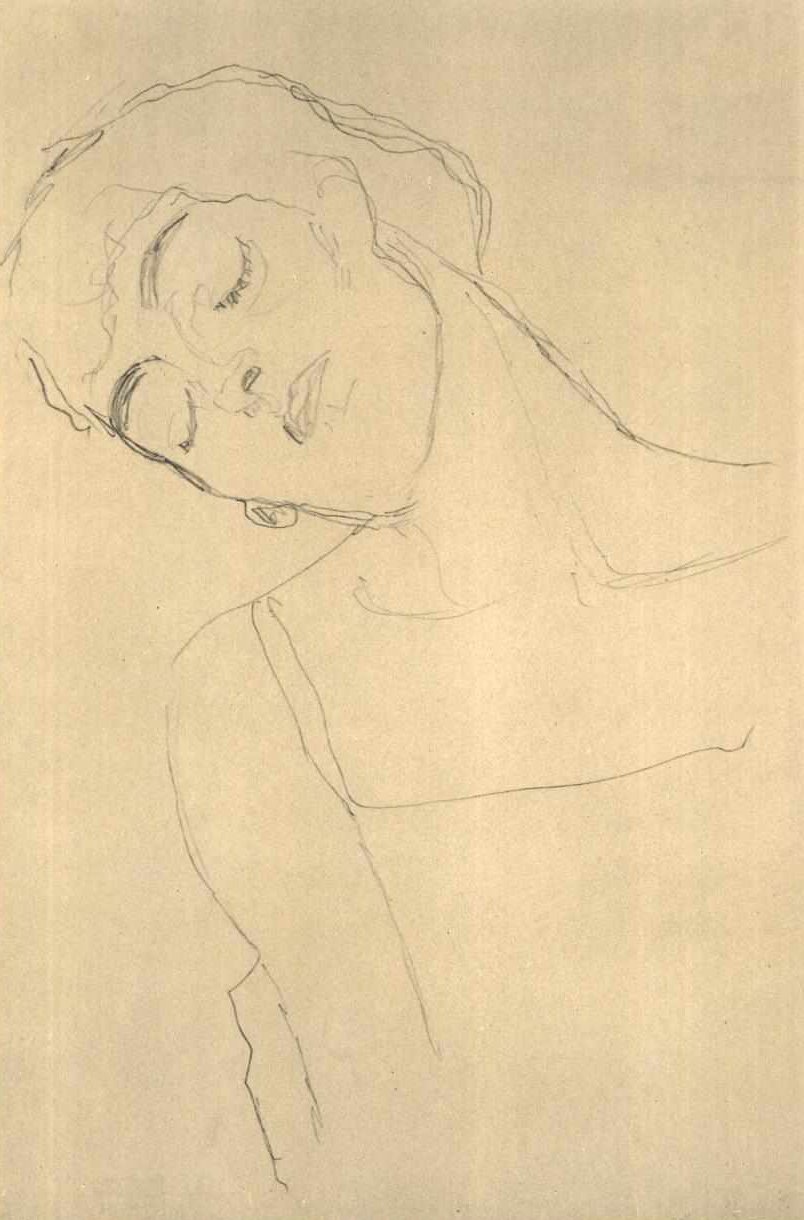 Halvlangt portræt med lukkede øjne af Gustav Klimt