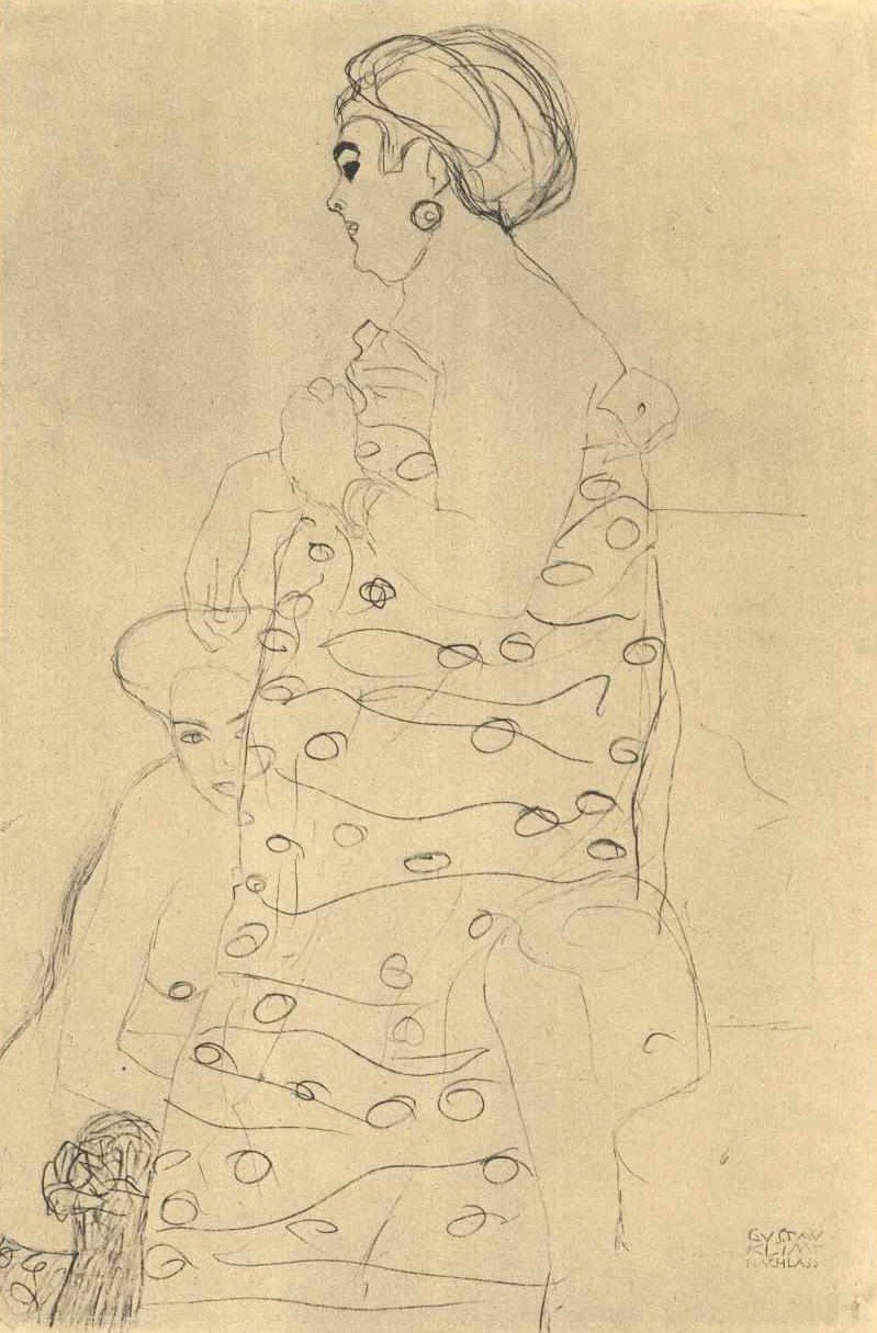 Fedt klædt kvinde og nøgen ved hendes fødder af Gustav Klimt
