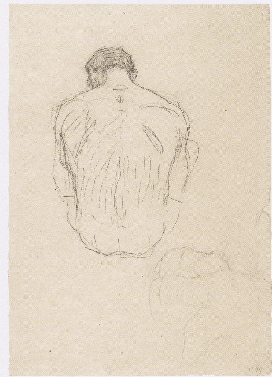 Siddende mandlig nøgen bagfra og skitse til "brydningen" af Gustav Klimt