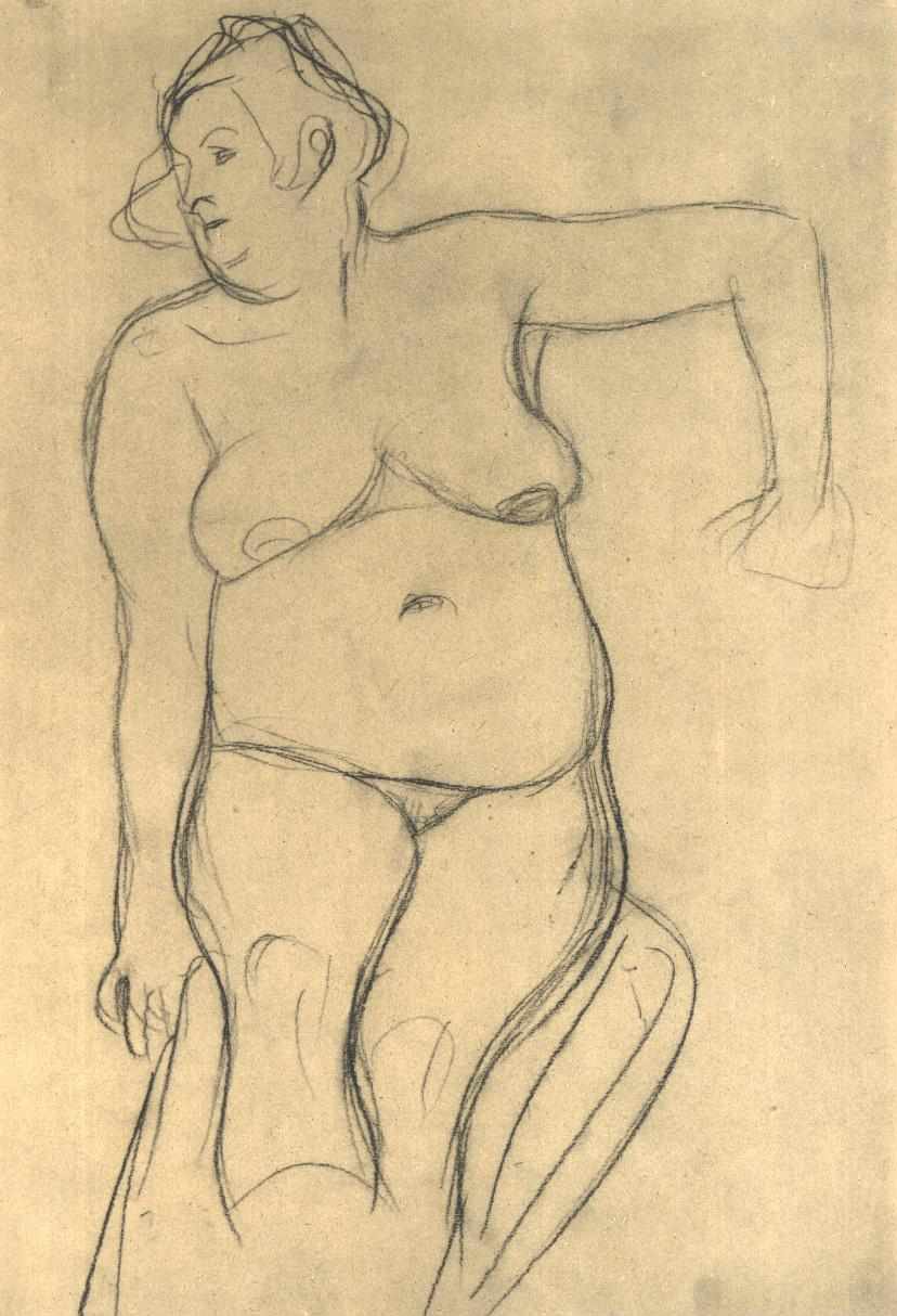 Siddende kvindelig nøgen forfra af Gustav Klimt