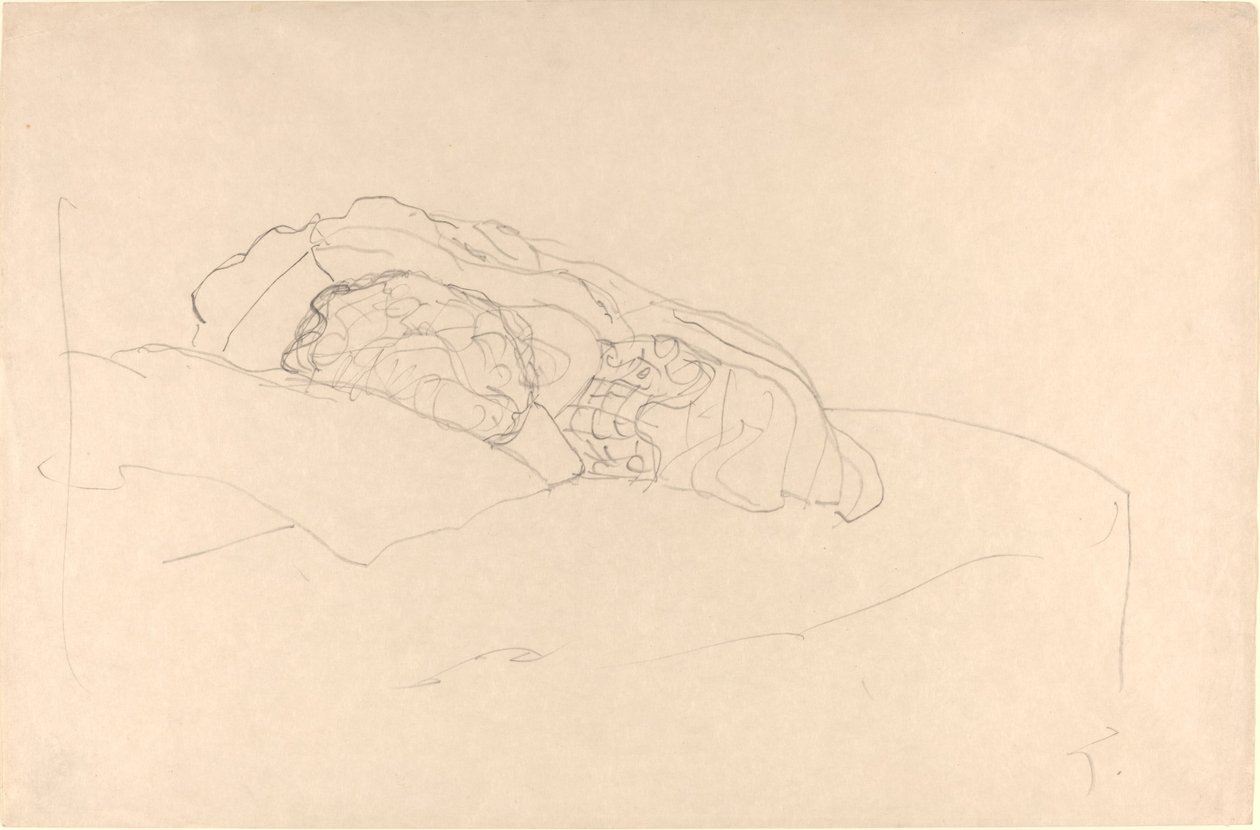 Sammenkrøllet pige på sengen af Gustav Klimt