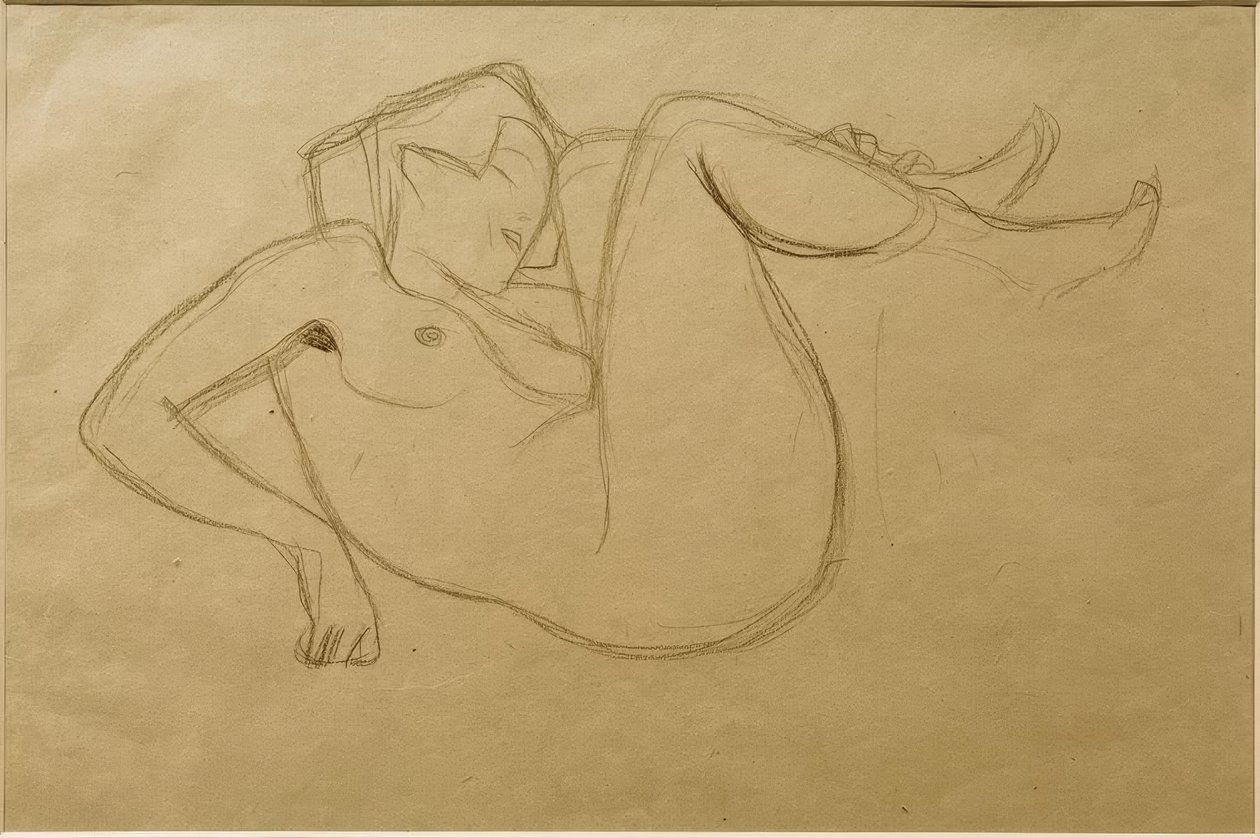 Nøgen pige, der sidder på huk med trukket lår (studie) af Gustav Klimt