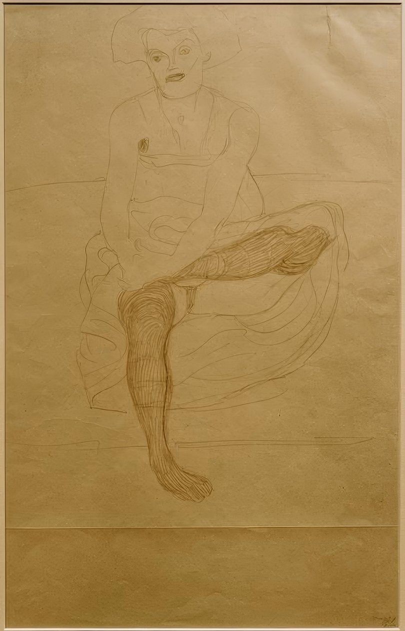 Siddende kvinde halvnøgen forfra af Gustav Klimt