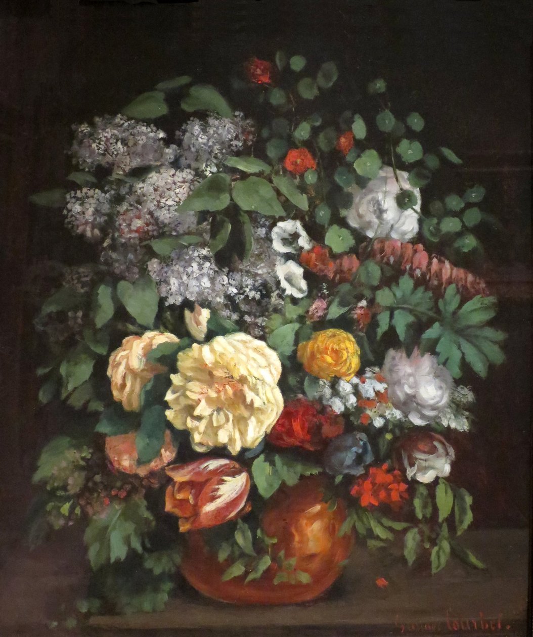 Vase af syrener, roser og tulipaner af Gustave Courbet