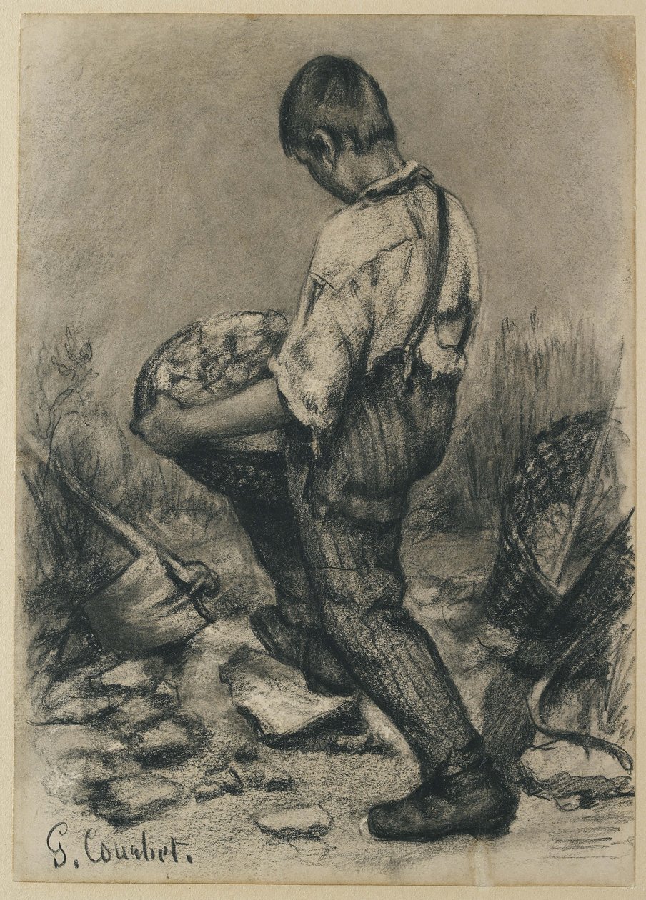 Ung Stenbryder, ca. 1864 - 1865 (sort farveblyant på tyndt råhvidt vævet papir) af Gustave Courbet