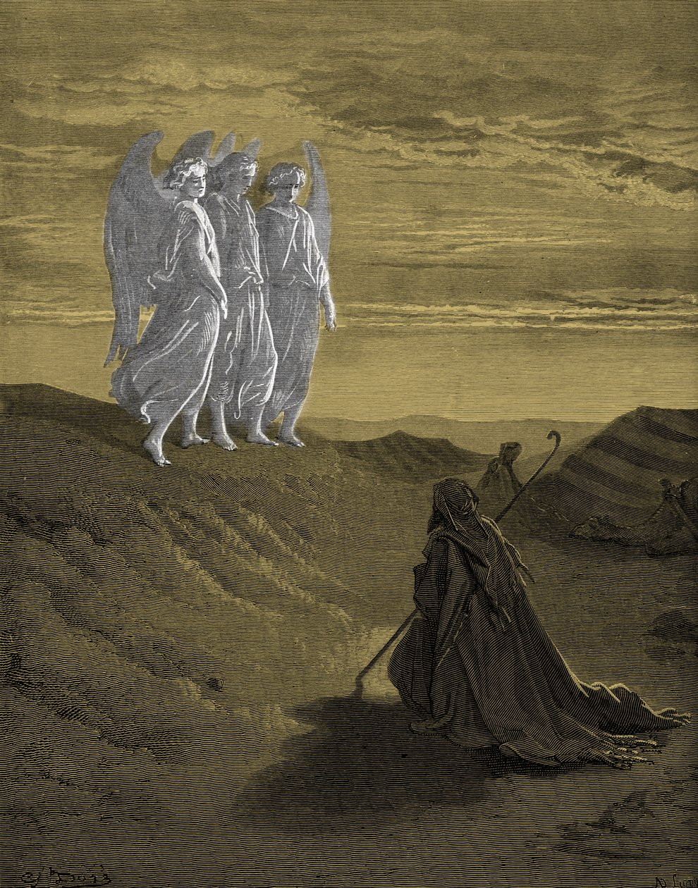 Abraham og de tre engle, gravering af Doré. - Bibel af Gustave Dore