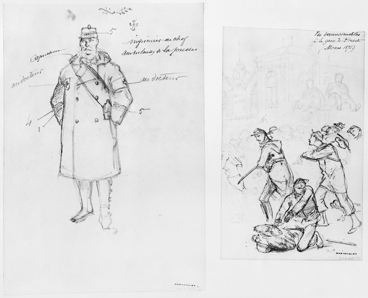 Album af belejringen af Paris, ambulancemand, de sidste tropper ved stationen i Brest, 1871 (pen og brun blækvask og blyant på papir) af Gustave Dore