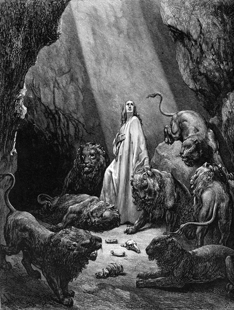 Daniel i løvehulen, stik af Doré. - Bibelen af Gustave Dore