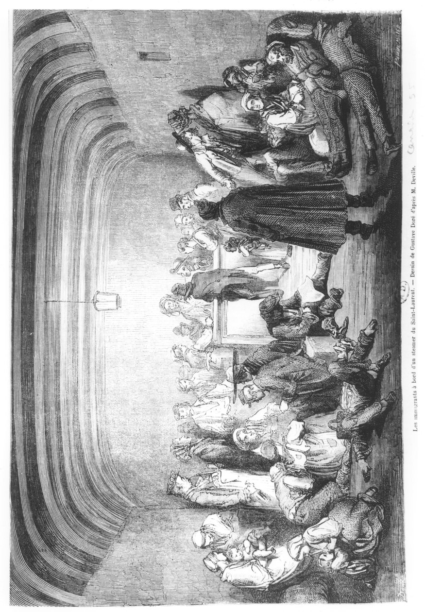 Immigranter om bord på en damper i Saint-Laurent-floden, Canada, 1800-tallet. af Gustave Dore