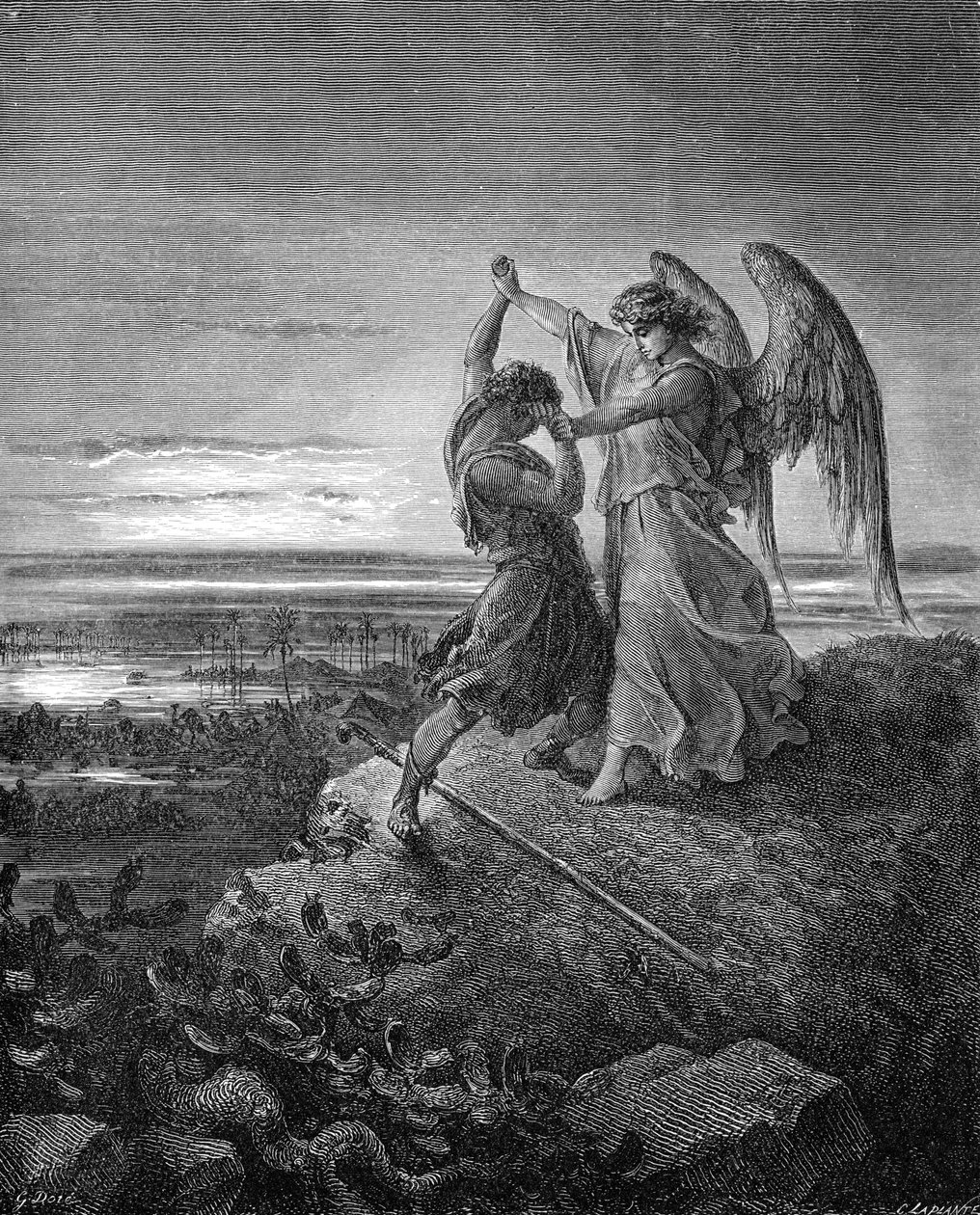 Jakob kæmper med englen, gravering af Doré. - Bibel af Gustave Dore