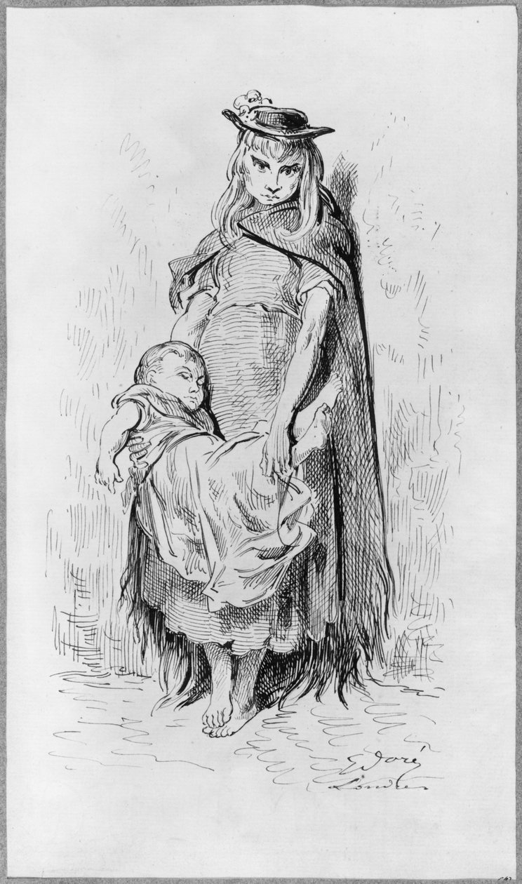 Stakkels pige med et barn i London (pen og indisk blæk på papir) af Gustave Dore