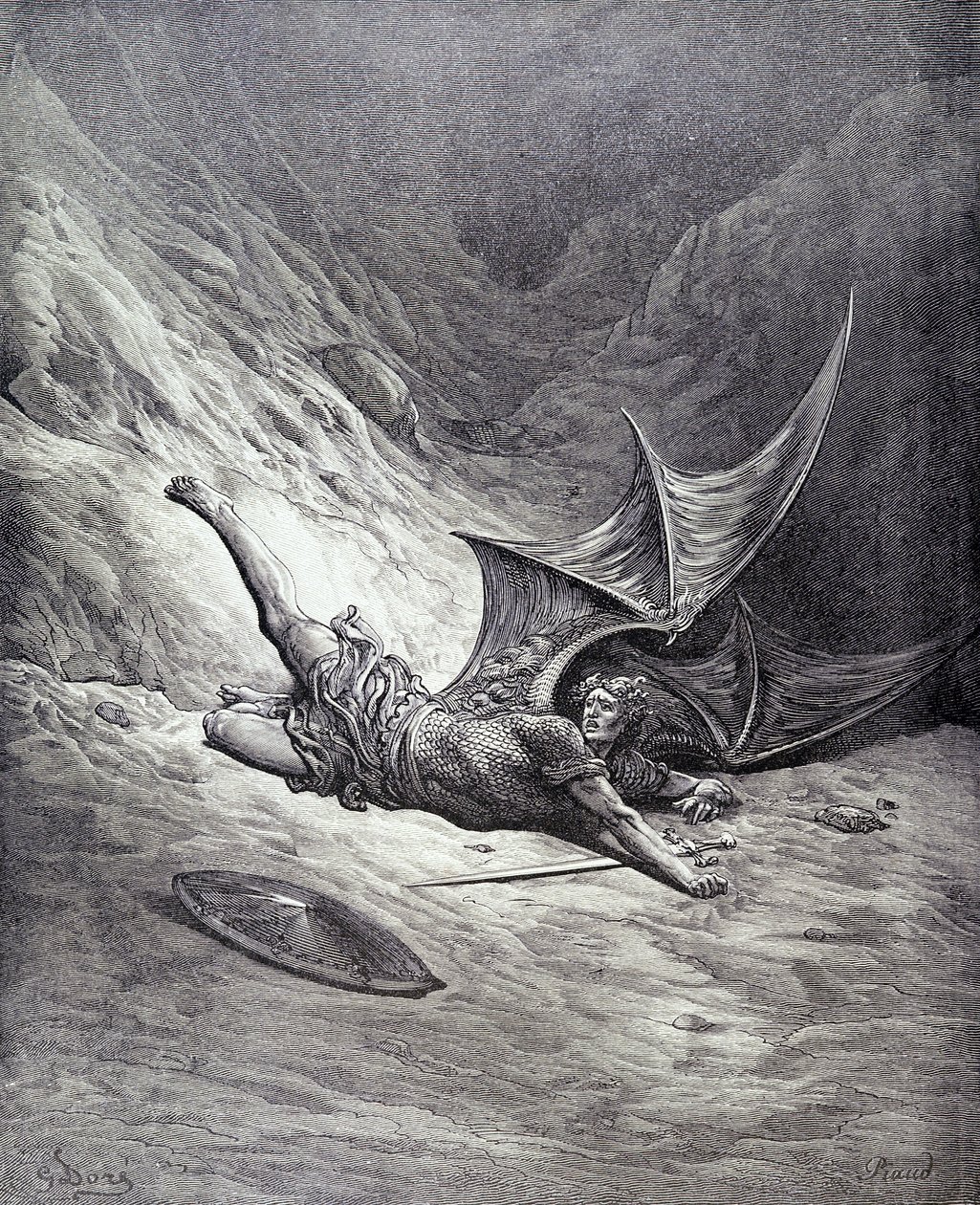 Satan slået af Michael, fra bog VI i "Det tabte paradis" af John Milton (1608-74), graveret af Antoine Alphee Piaud, ca. 1868 af Gustave Dore