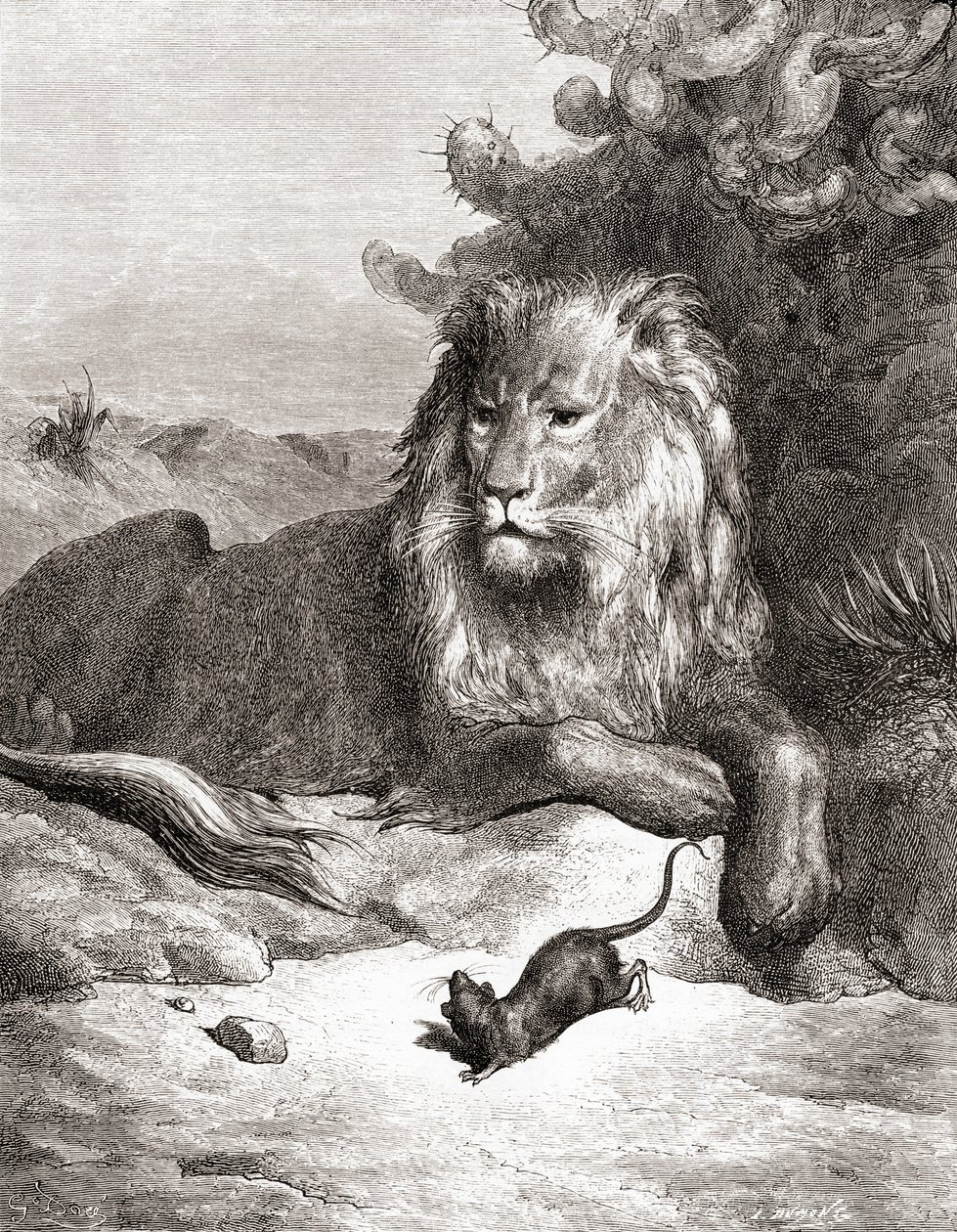 Løven og musen, fra en udgave fra slutningen af det 19. århundrede af Fables de La Fontaine (træsnit) af Gustave Dore