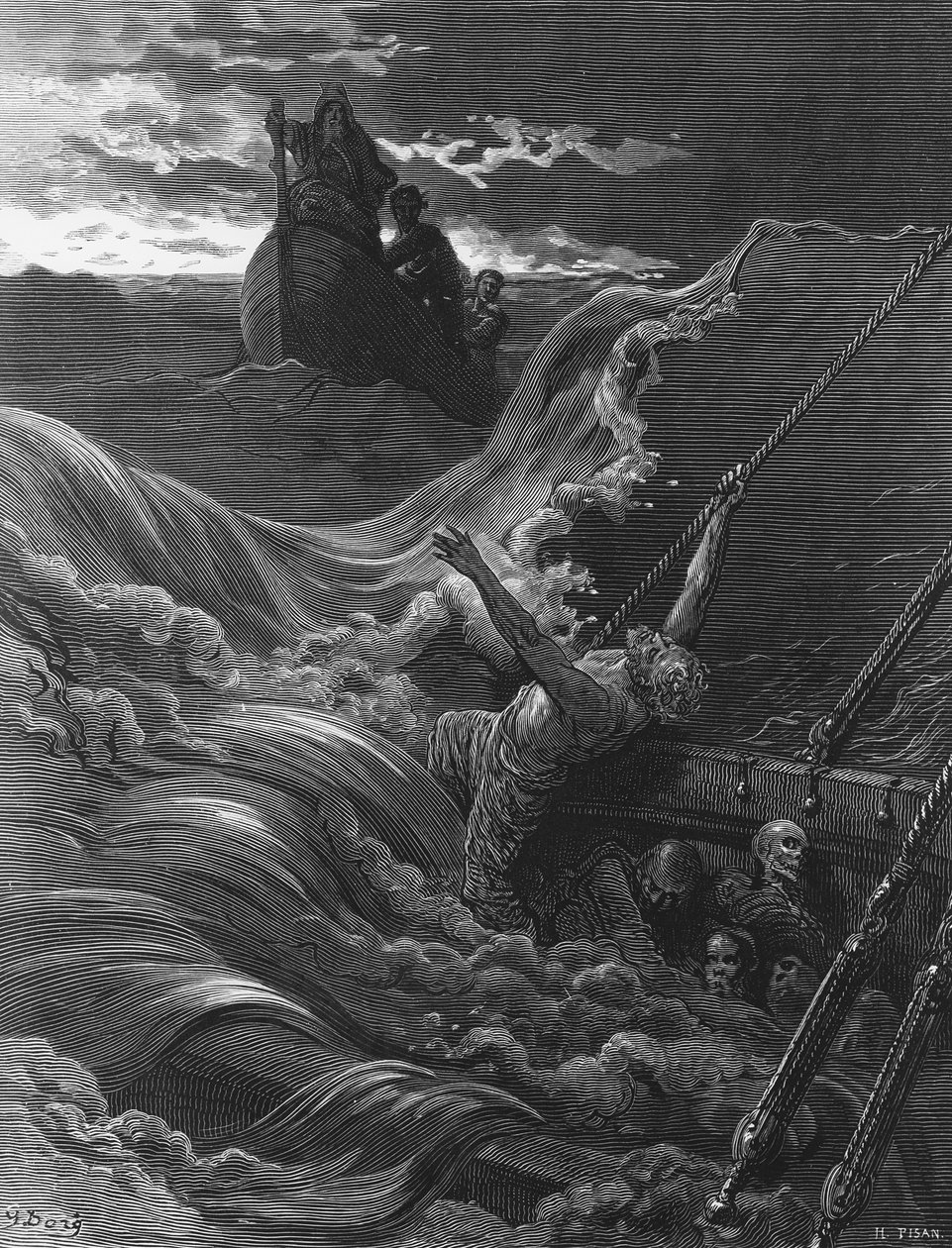 Søfareren ser båden med eremitten og lodsen, mens hans skib er ved at synke, scene fra 