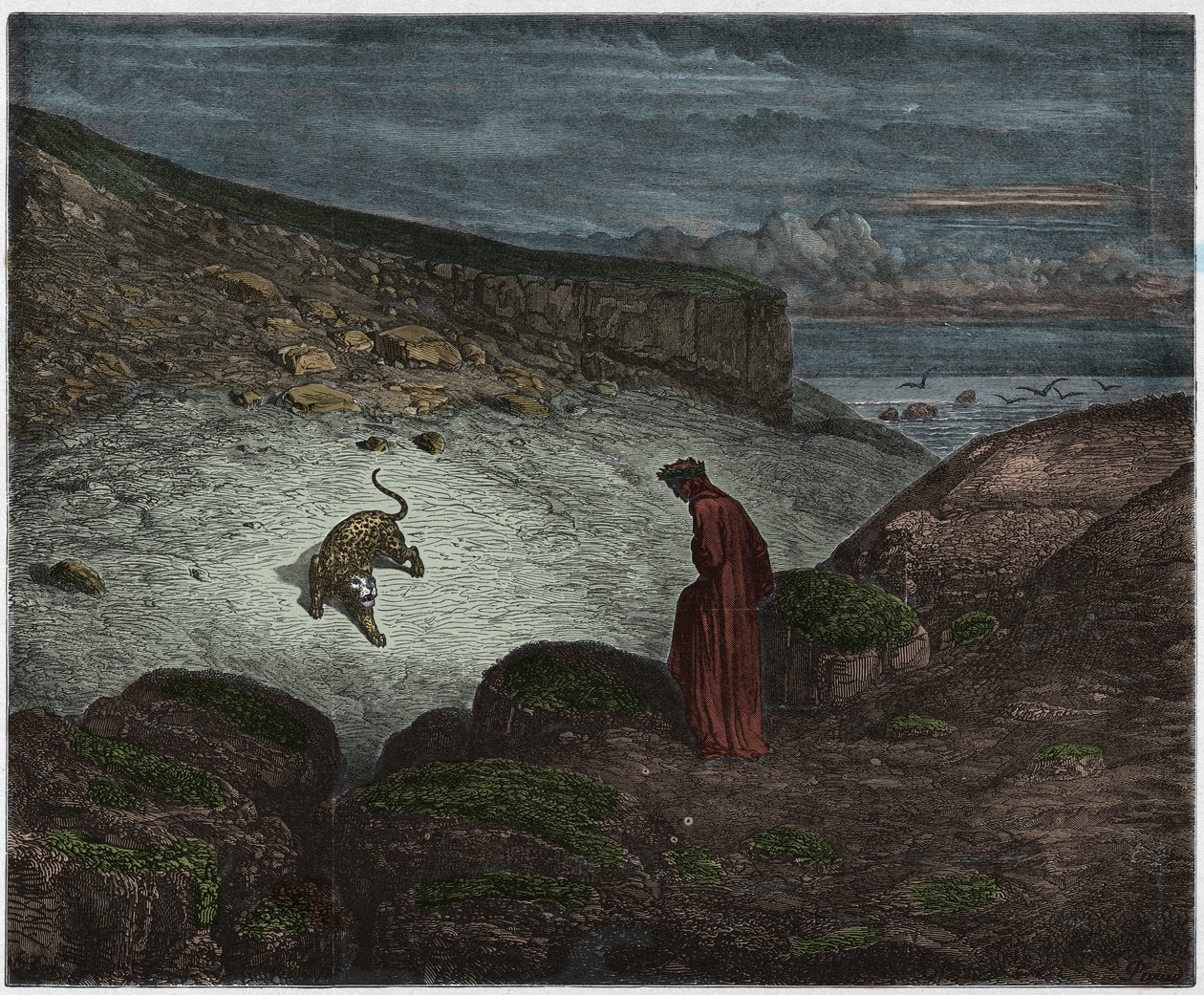 Inferno, Canto 1: Panteren ved begyndelsen af opstigningen, illustration fra Den guddommelige komedie af Dante Alighieri, 1885 (digitalt farvet gravering) af Gustave after Dore