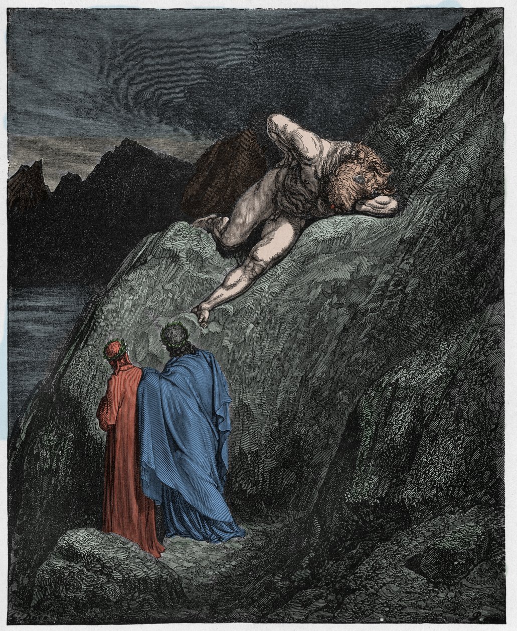 Inferno, Canto 12: Minotauren (Minotaure) på den knuste klippe, illustration fra Den guddommelige komedie af Dante Alighieri, 1885 (digitalt farvet gravering) af Gustave after Dore