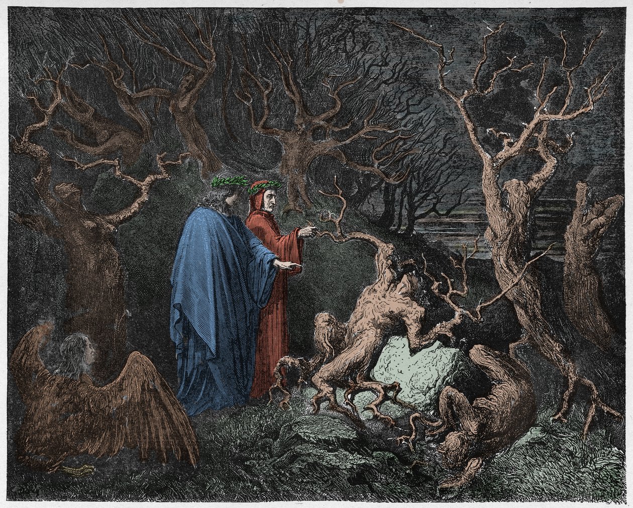 Inferno, Canto 13: Selvmordene i skoven, illustration fra Den guddommelige komedie af Dante Alighieri, 1885 (digitalt farvet gravering) af Gustave after Dore