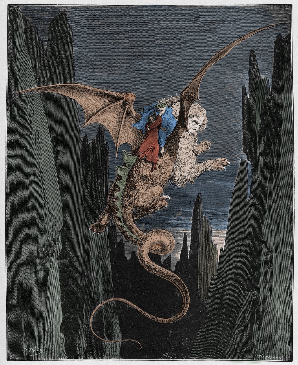 Inferno, Canto 17: Nedstigningen til afgrunden på Geryons bagside, illustration fra The Divine Comedy af Dante Alighieri, 1885 (digitalt farvet gravering) af Gustave after Dore