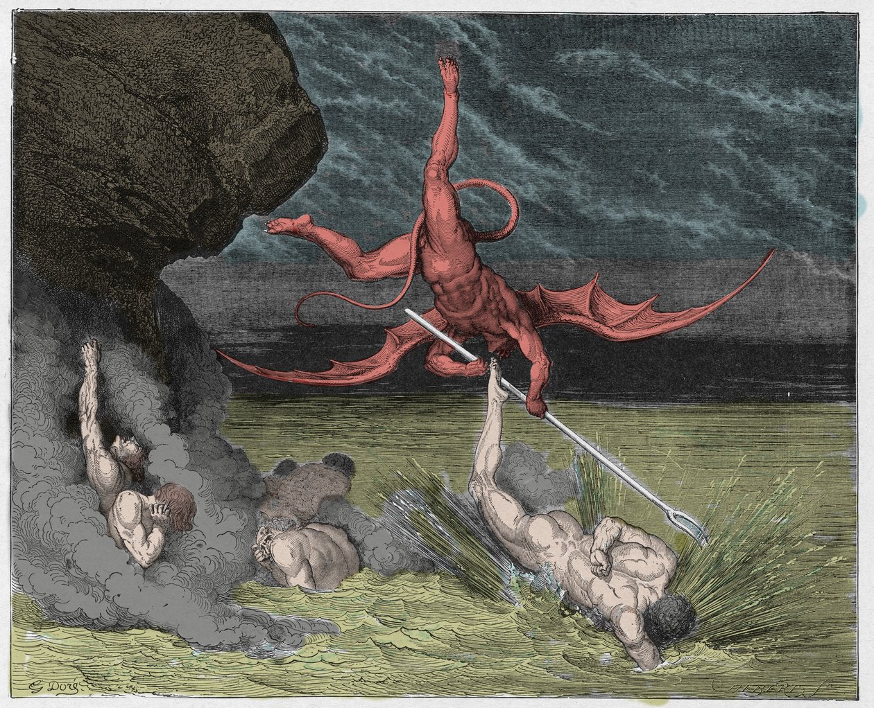 Inferno, Canto 22: Ciampolo undslipper dæmonen Alichino i den femte bolgia, illustration fra The Divine Comedy af Dante Alighieri, 1885 (digitalt farvet gravering) af Gustave after Dore