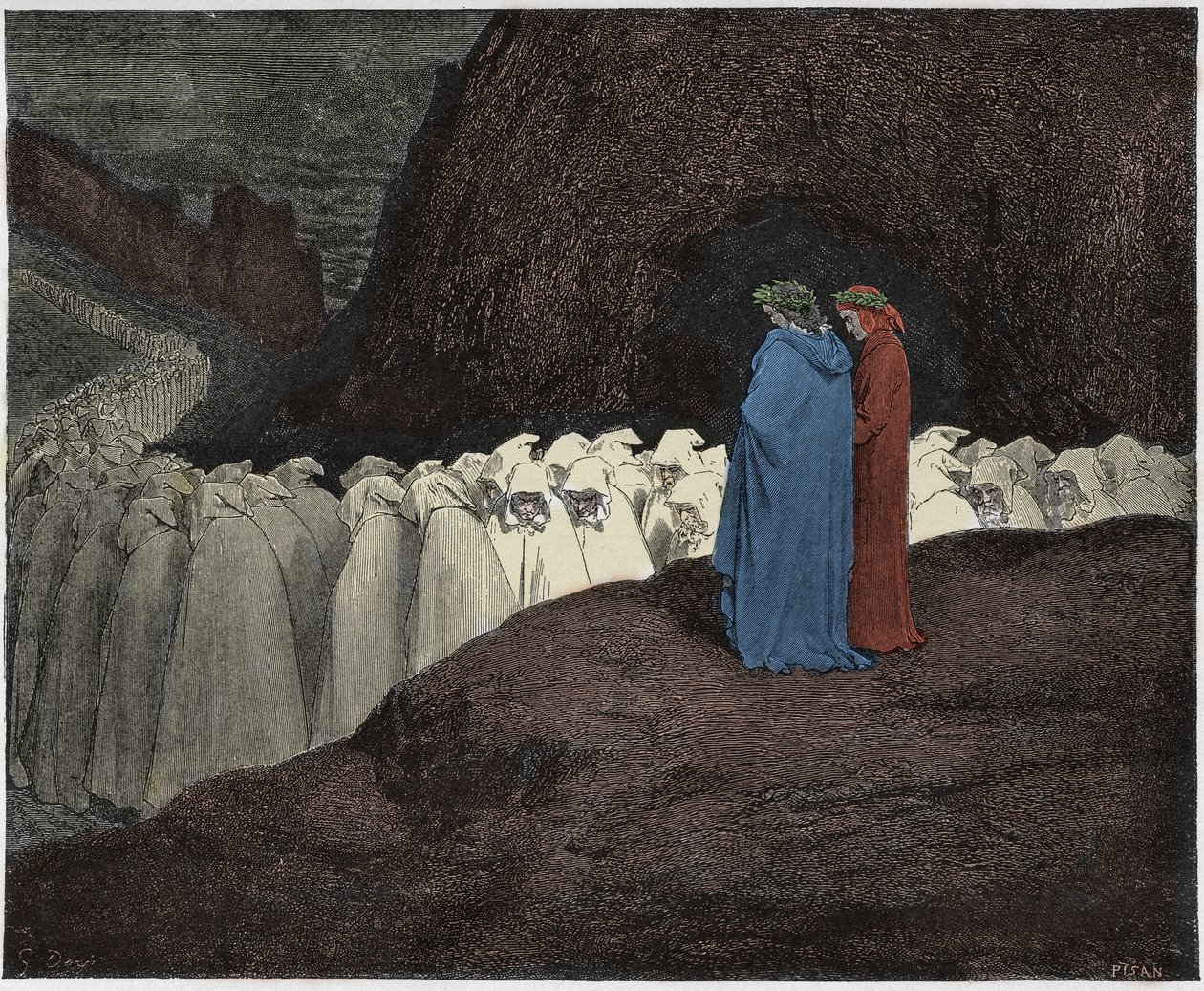 Inferno, Canto 23: Hyklerne henvender sig til Dante, illustration fra Den guddommelige komedie af Dante Alighieri, 1885 (digitalt farvet gravering) af Gustave after Dore
