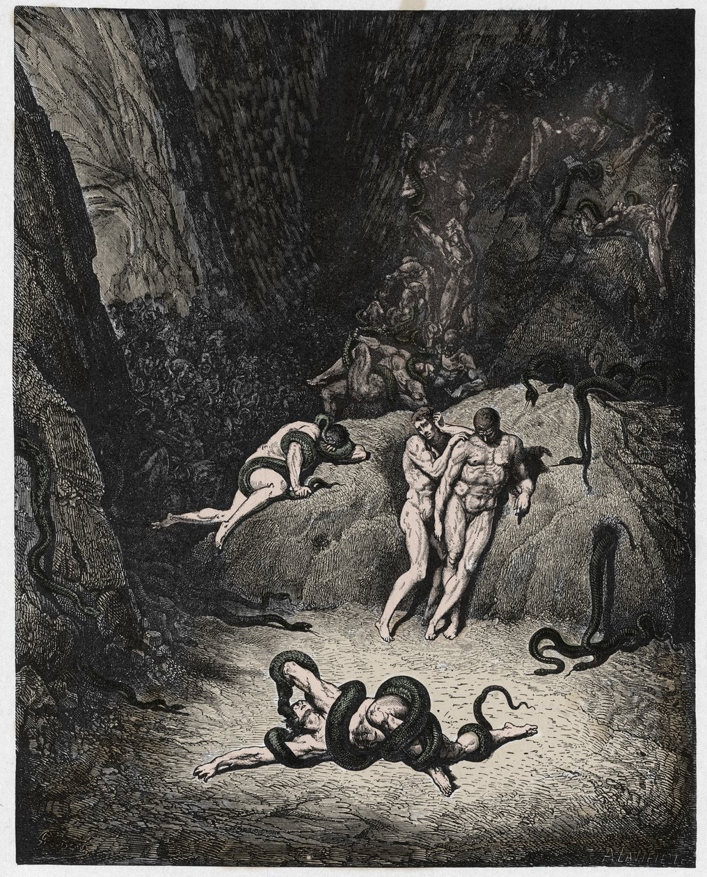 Inferno, Canto 25: Agnello transformerer sig til en slange, illustration fra The Divine Comedy af Dante Alighieri, 1885 (digitalt farvet gravering) af Gustave after Dore