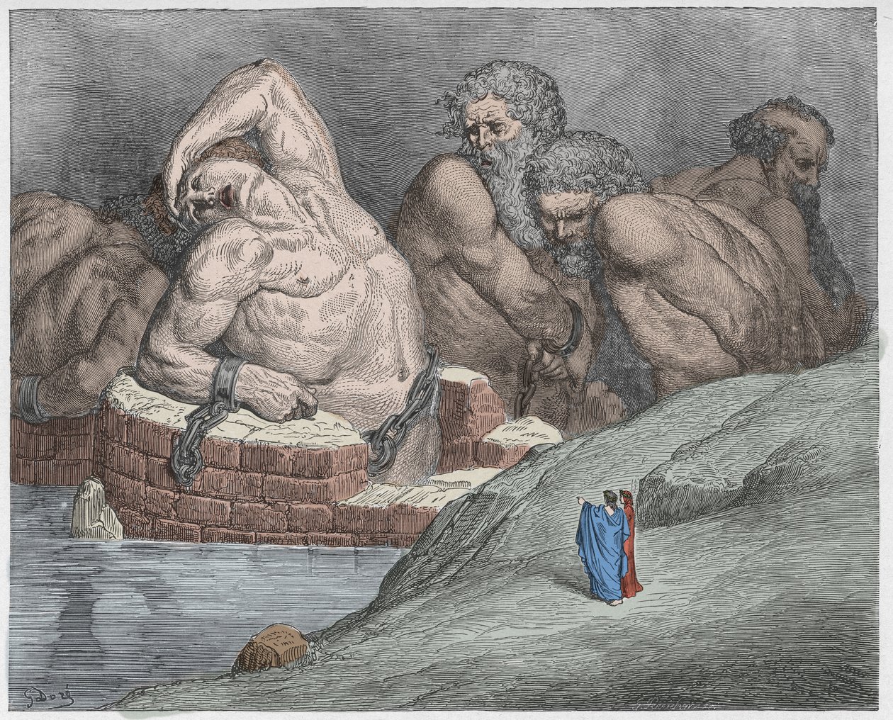 Inferno, Canto 31: Ephialtes (Ephialte) i manakler blandt giganterne, illustration fra Den guddommelige komedie af Dante Alighieri, 1885 (digitalt farvet gravering) af Gustave after Dore