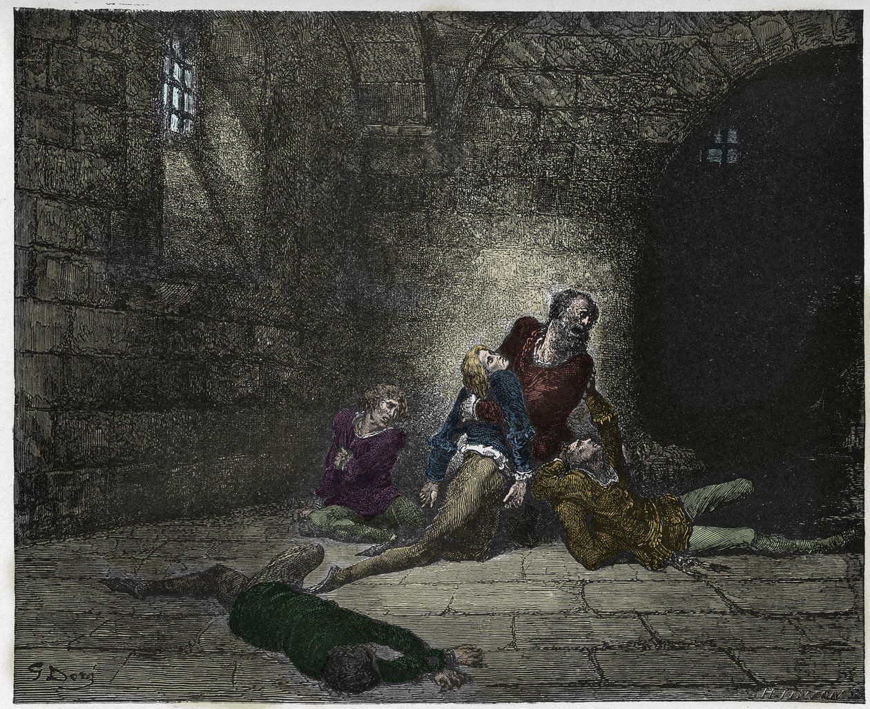 Inferno, Canto 33 : Gaddo dør foran sin fars øjne (Ugolin (Ugolino) della Gherardesca), illustration fra The Divine Comedy af Dante Alighieri, 1885 (digitalt farvet gravering) af Gustave after Dore