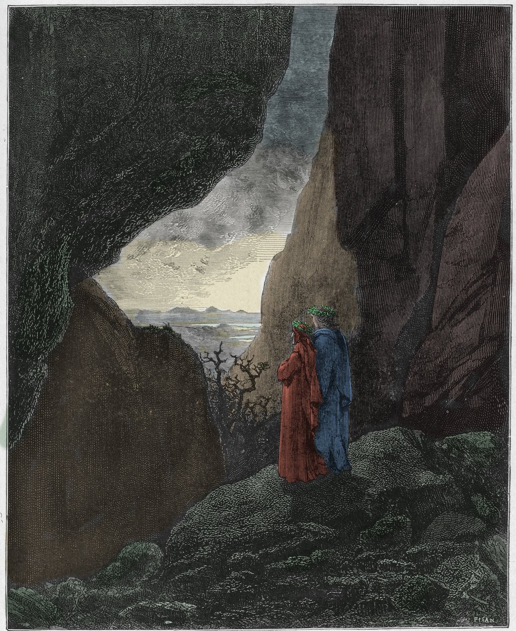 Inferno, Canto 34: Virgil og Dante stiger op til den øvre verden, illustration fra The Divine Comedy af Dante Alighieri, 1885 (digitalt farvet gravering) af Gustave after Dore