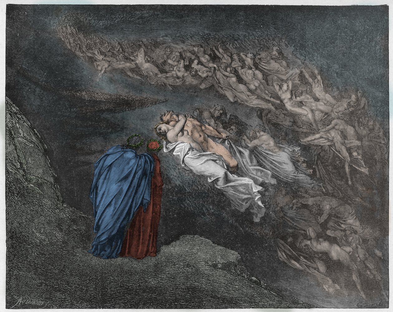 Inferno, Canto 5: Francesca Da Riminis sjæl taler til Dante, illustration fra Den guddommelige komedie af Dante Alighieri, 1885 (digitalt farvet gravering) af Gustave after Dore