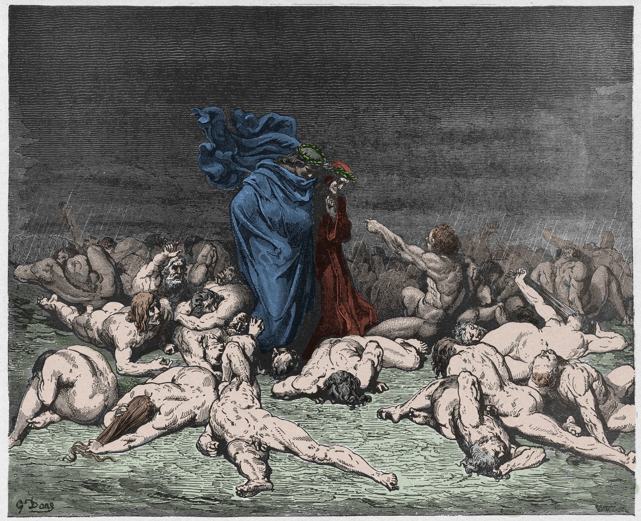 Inferno, Canto 6: De frådser ramt af evig regn, illustration fra The Divine Comedy af Dante Alighieri, 1885 (digitalt farvet gravering) af Gustave after Dore