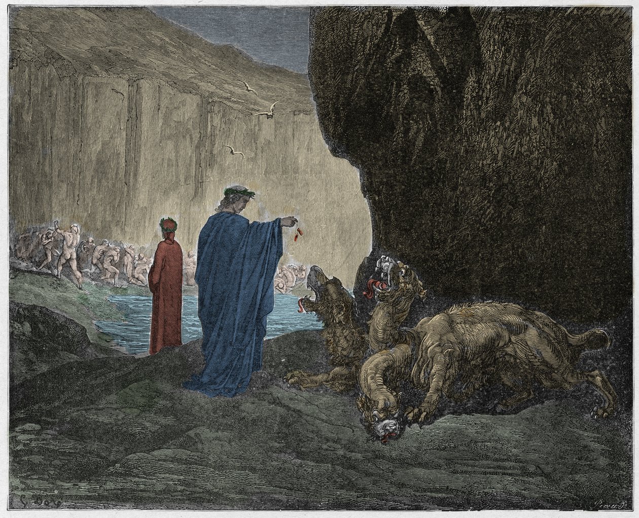 Inferno, Canto 6: Virgil fodrer Cerberus (Cerbere) i den tredje cirkel, illustration fra Den guddommelige komedie af Dante Alighieri, 1885 (digitalt farvet gravering) af Gustave after Dore