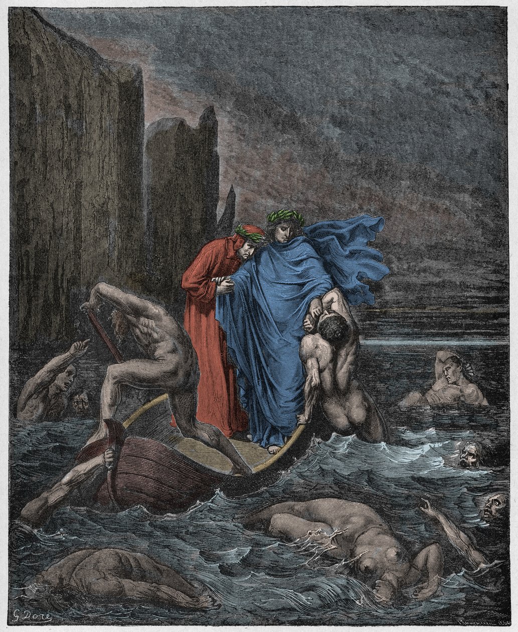 Inferno, Canto 8: Florentineren Philippo Argentis sjæl (Filippo Argenti) tiltaler digterne på Styx, illustration fra The Divine Comedy af Dante Alighieri, 1885 (digitalt farvet gravering) af Gustave after Dore