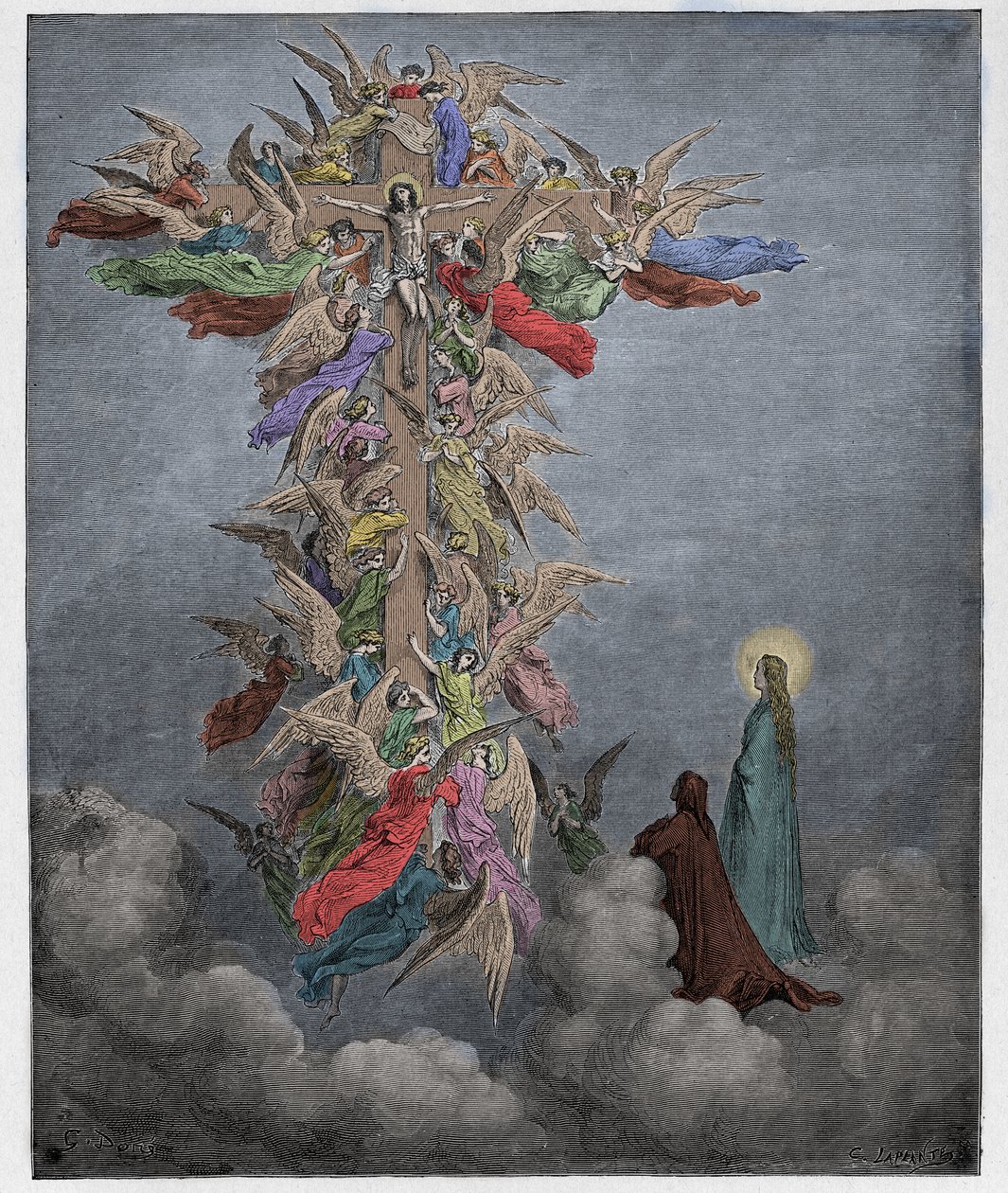 Paradiso, Canto 14: Dante og Beatrice ser englene med Kristus på korset, illustration fra Den guddommelige komedie af Dante Alighieri, 1885 (digitalt farvet gravering) af Gustave after Dore